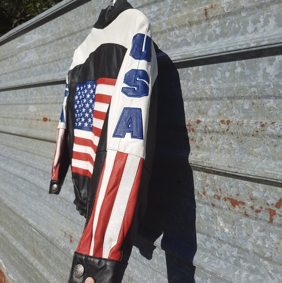 VINTAGE 90's USA Flag Leather Motorbike Jacket (unisex) - Picture 12 of 17